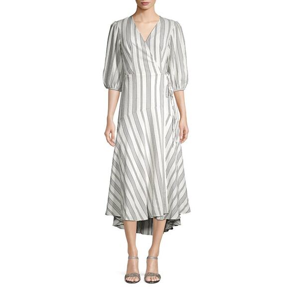 Calvin Klein White Gray Striped Faux Wrap Crepe Midi Dress 10 Classic Work - Picture 7 of 7